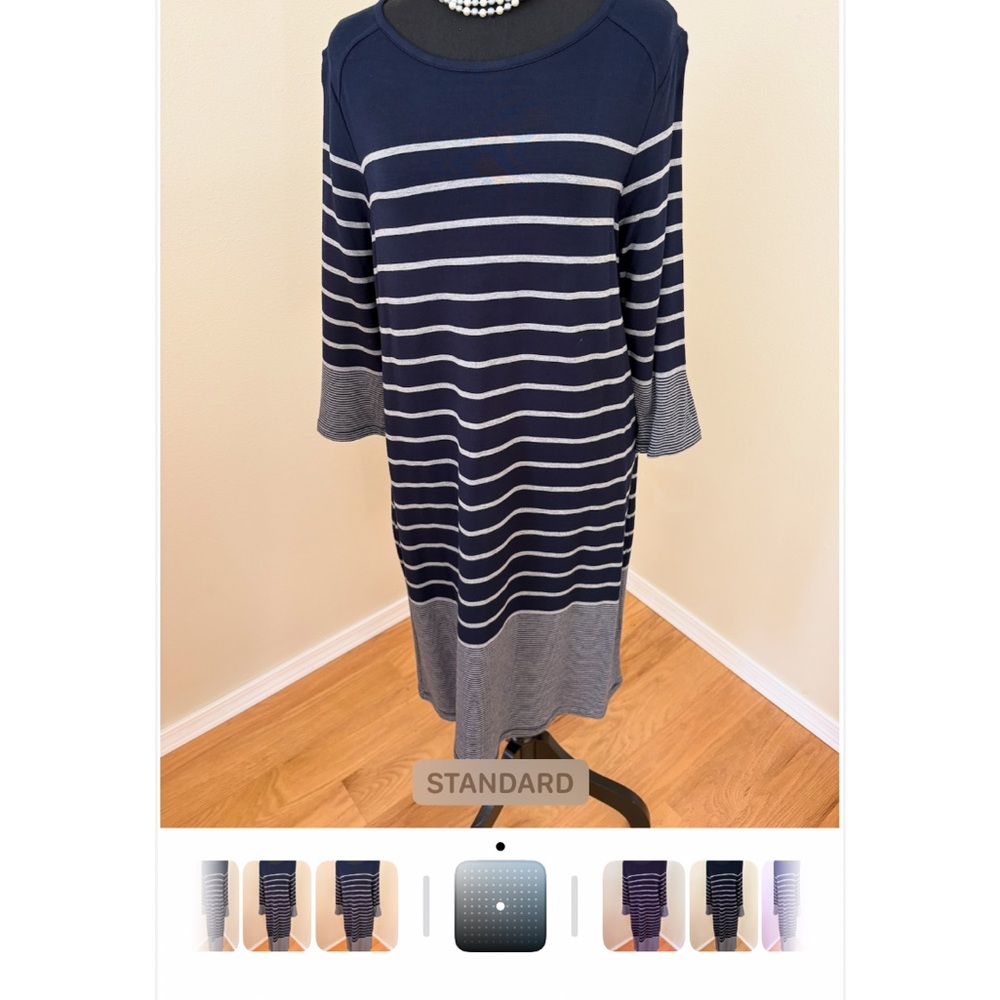 Hilary Radley Navy and Gray Striped Long Sleeve Dress